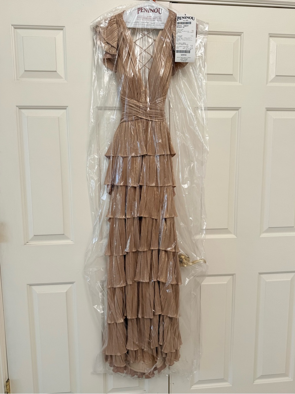 Mac Duggal Gold Tiered Ruffle Lace-Back Evening Gown - Picture 4 of 11